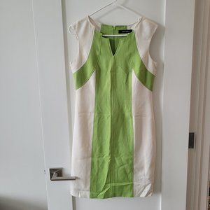 ELLEN TRACY Lime Cream Color Block Split Neck Sheath Dress US 4P Wedding Guest